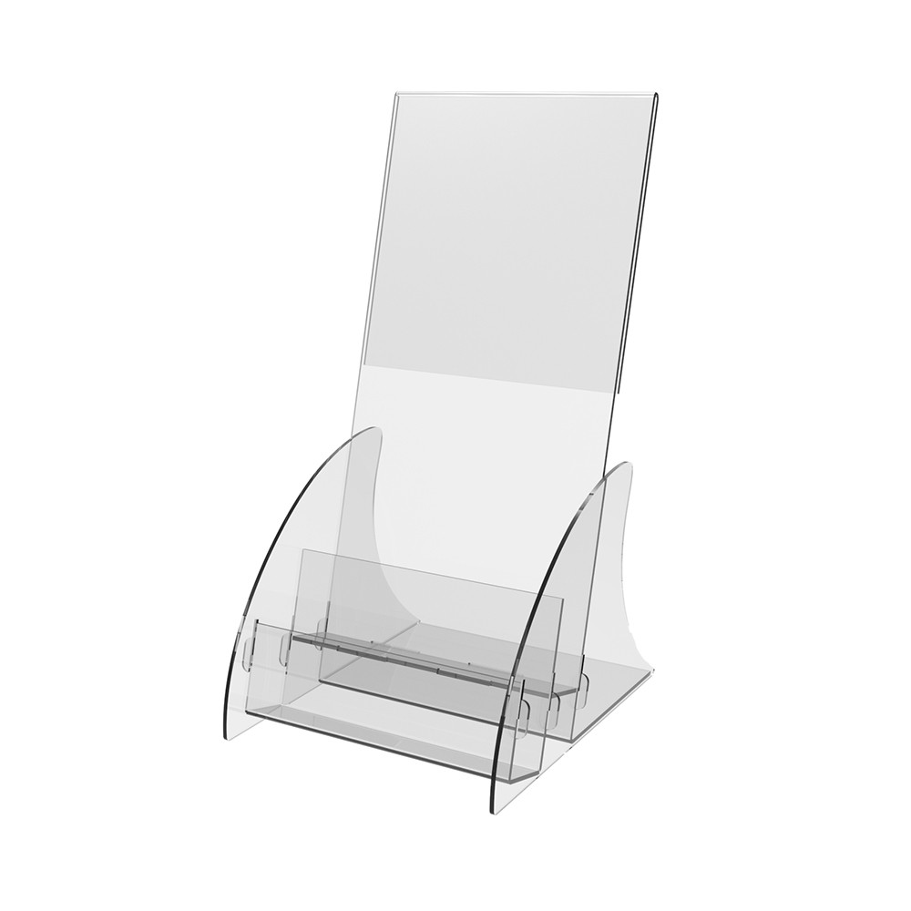 Suport pentru cărți de vizită EKOWORKS cu 2 trepte + loc pentru pliant DL | PET transparent 1,5 mm | 103×215×125 mm