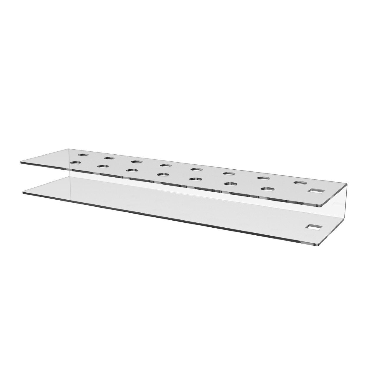 Suport pentru produse EKOWORKS cu 15 orificii, cu orificiu pentru mostre | PET transparent 3 mm | 400×100×40 mm